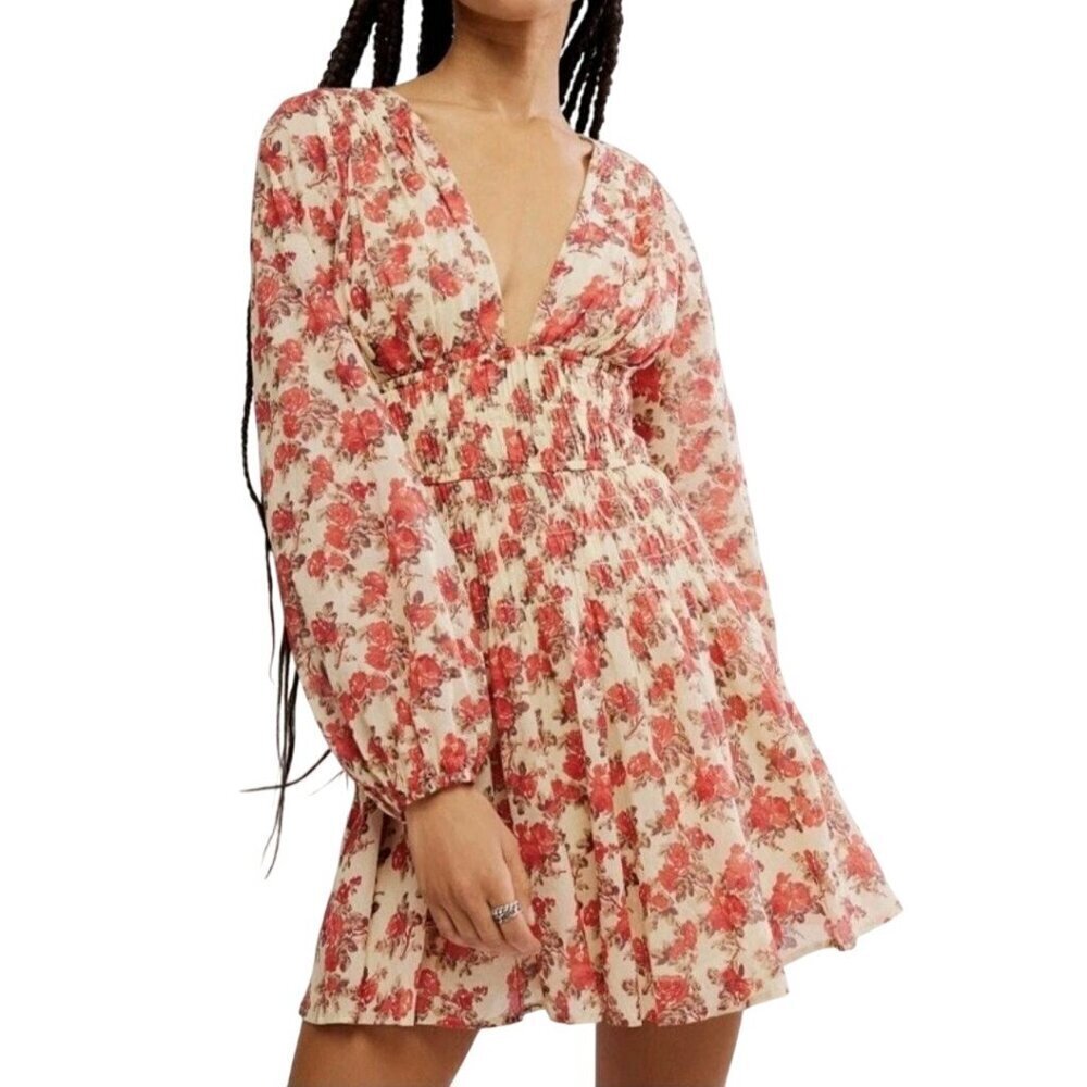 Free People Keep You Smocked Mini Dress Long Balloon Sleeve V Neck Size M